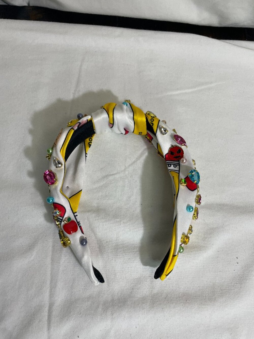 Handmade Embellished Knotted Headband Rhinestone Charm Beaded Whimsical Yellow